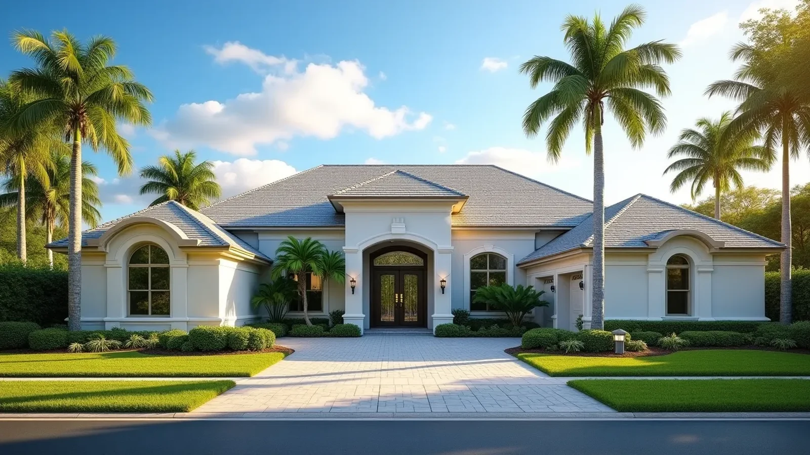 Florida home with a new roof and palm trees