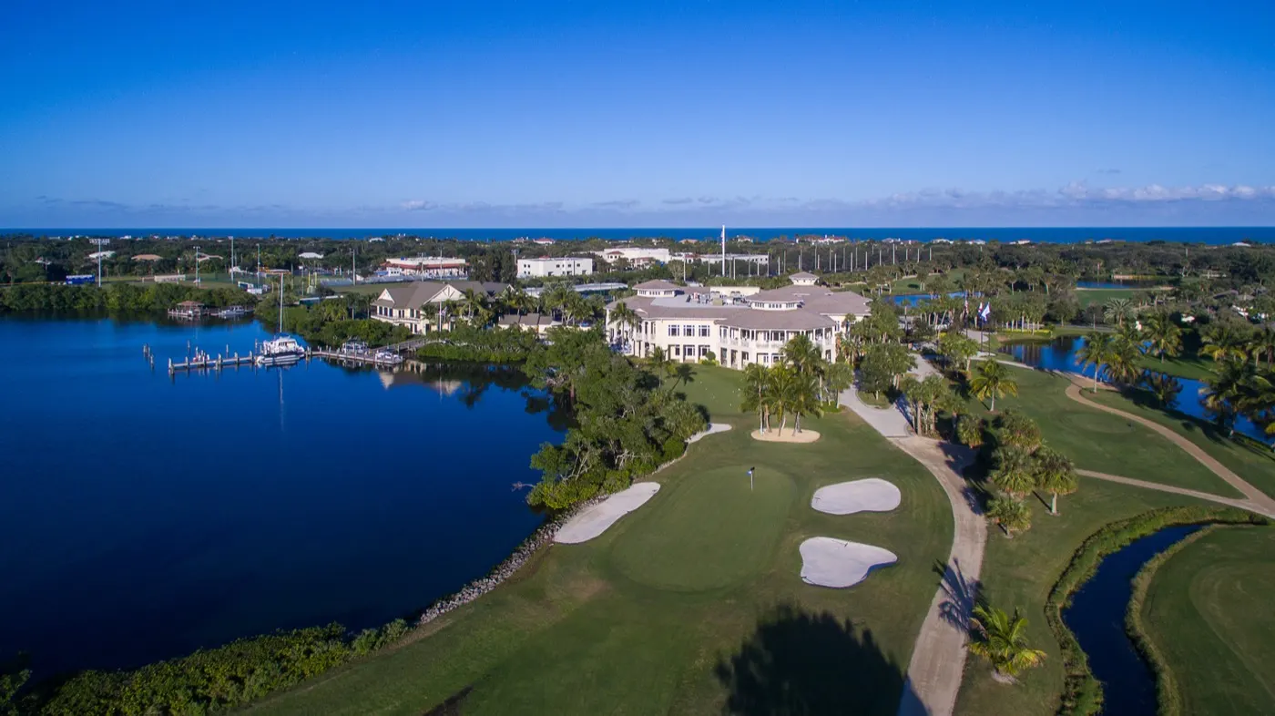 Aerial of Vero Beach barrier island showing the Indian River Lagoon, barrier island, and Atlantic Ocean beyond
