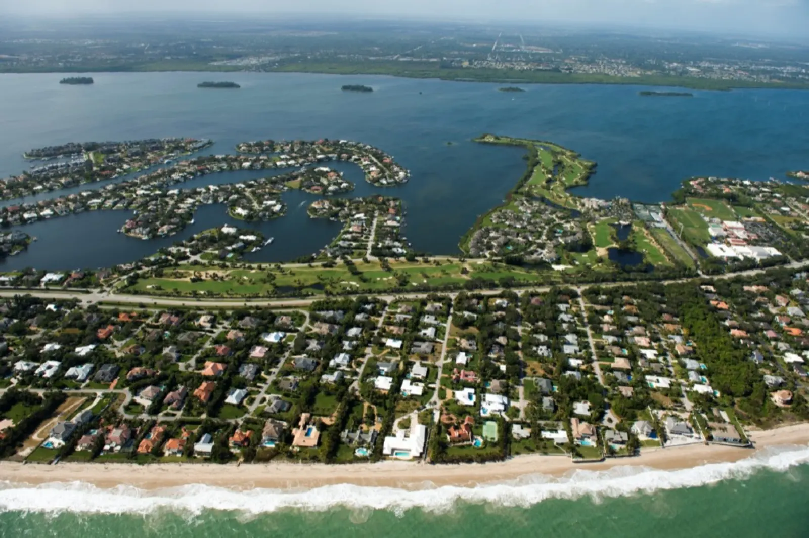Aerial of The Moorings — oceanfront homes, riverfront coves and golf between the Atlantic and the Indian River