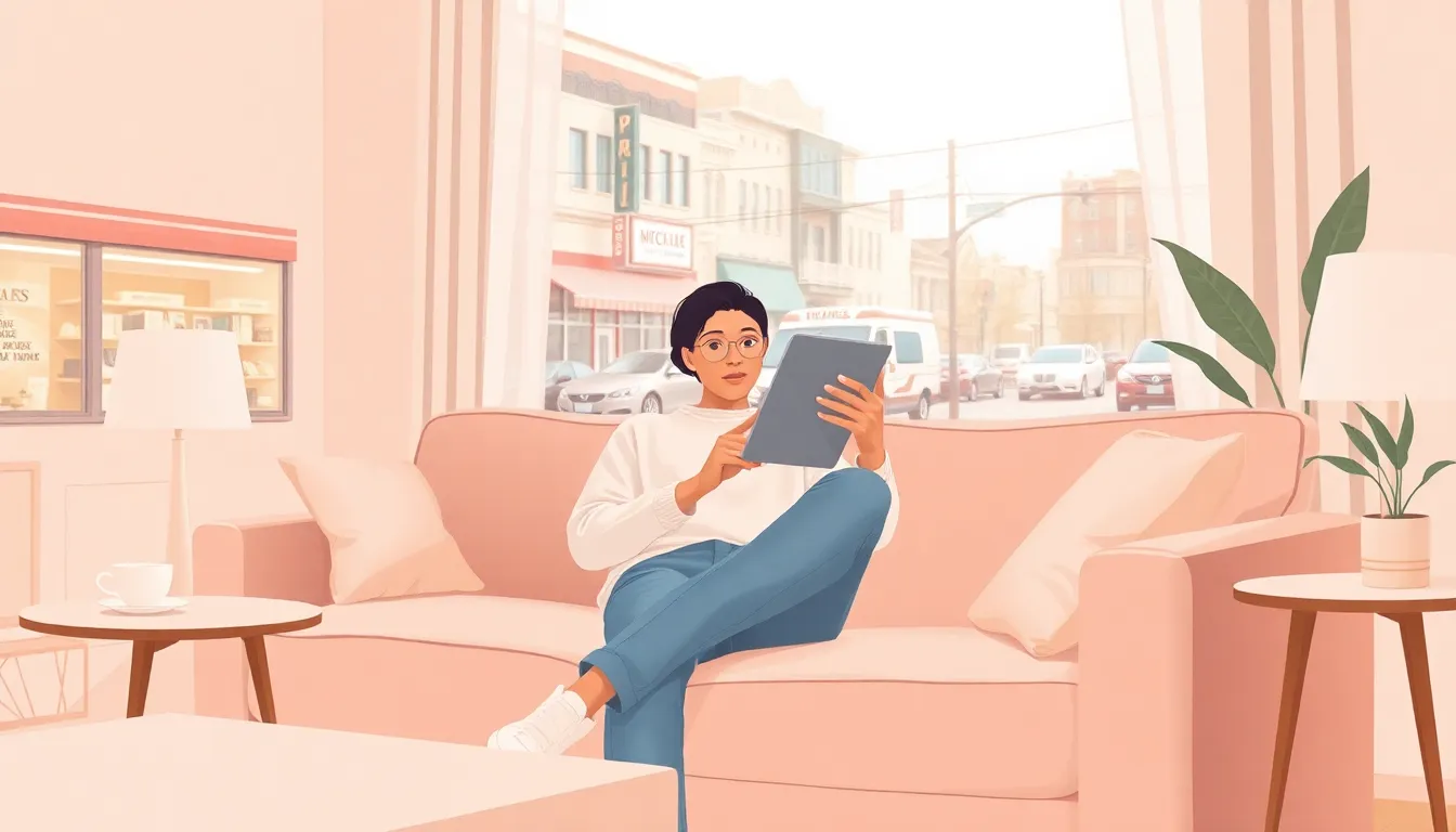 A person relaxing on a sofa using a tablet in a warm, cozy living room.
