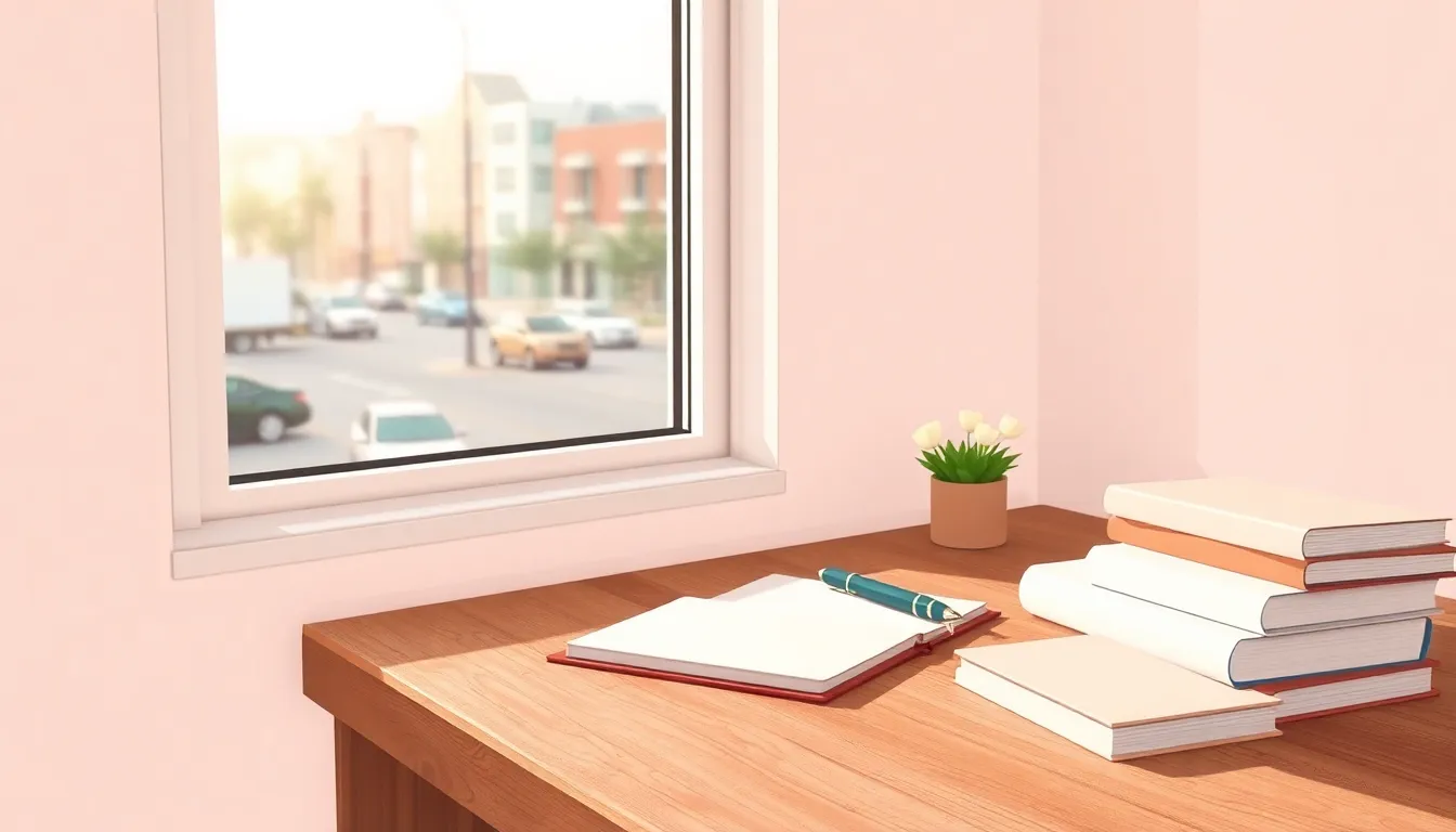A writing desk by a window with an open notebook, pen, and a stack of books.