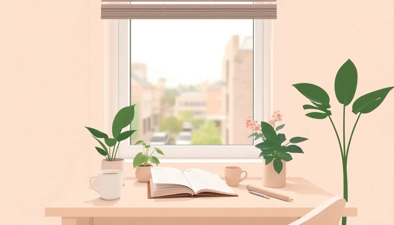 A tidy, calm home workspace by a window with a planner, mug, plants, and flowers.