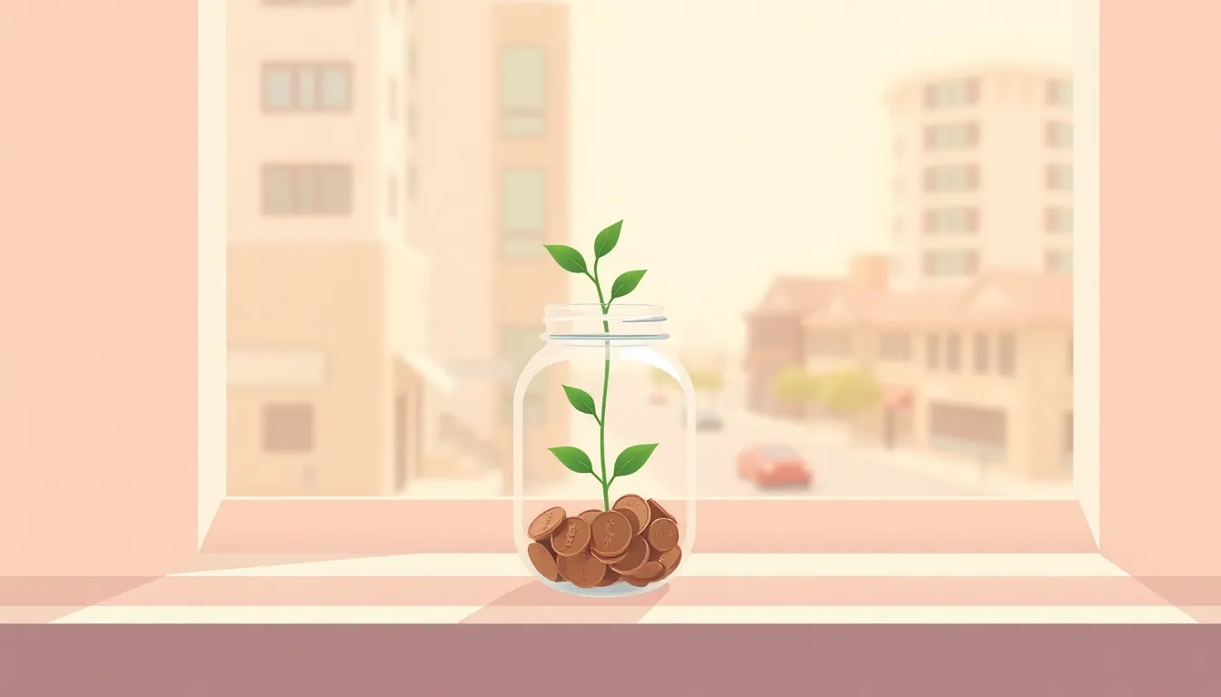 A glass jar of coins with a small plant on a sunlit windowsill, a calm saving scene.