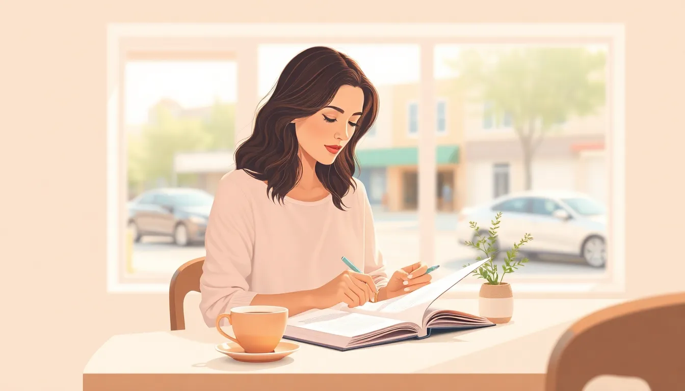 A woman writing in a notebook at a sunlit kitchen table, calm and unhurried.