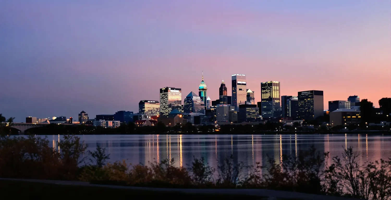 Minneapolis skyline over a lake at golden hour
