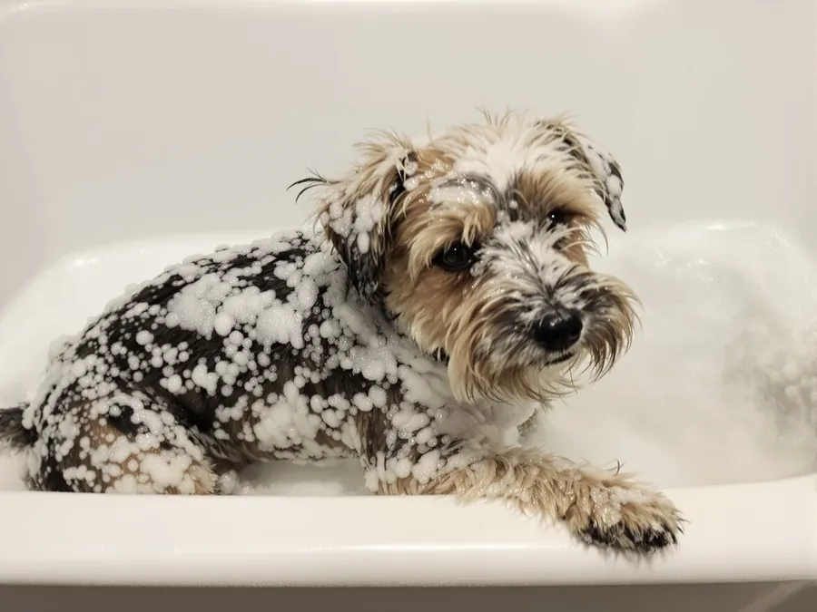 Happy small dog covered in shampoo suds in a bath tub