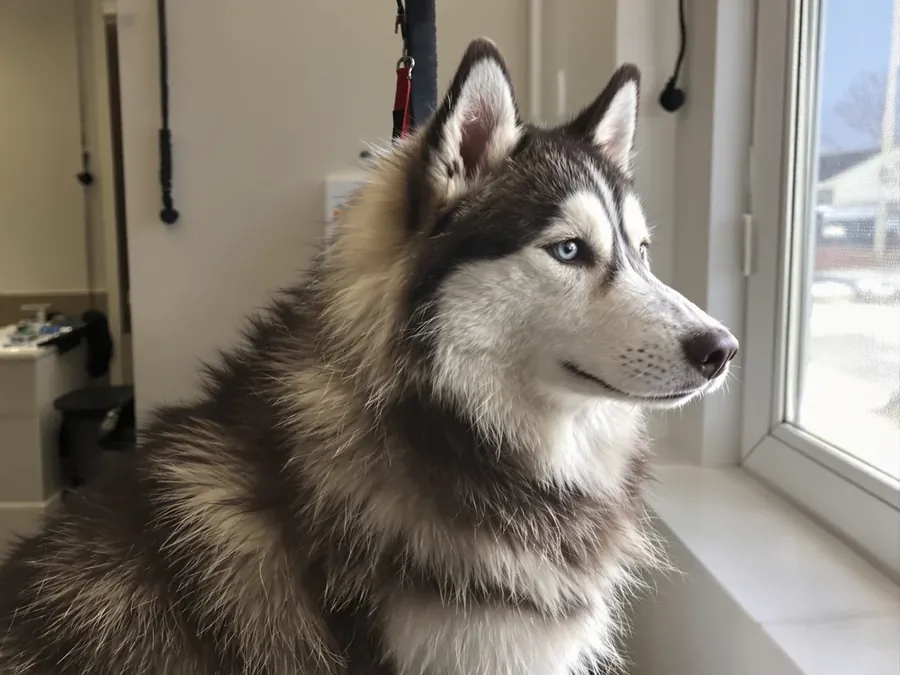 Siberian husky with a brushed shiny coat after a de-shed