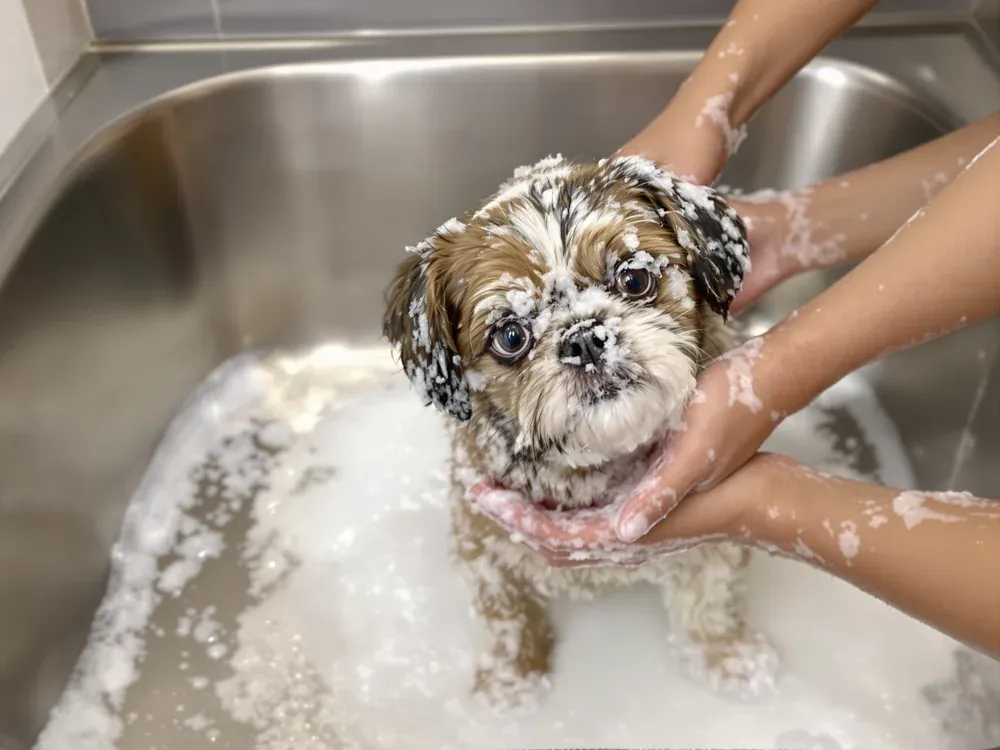 Happy dog getting a bath