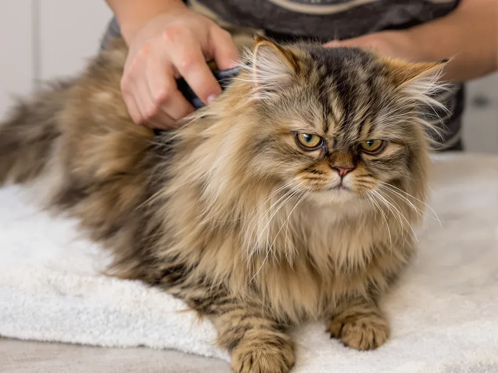 Long-haired cat being gently combed
