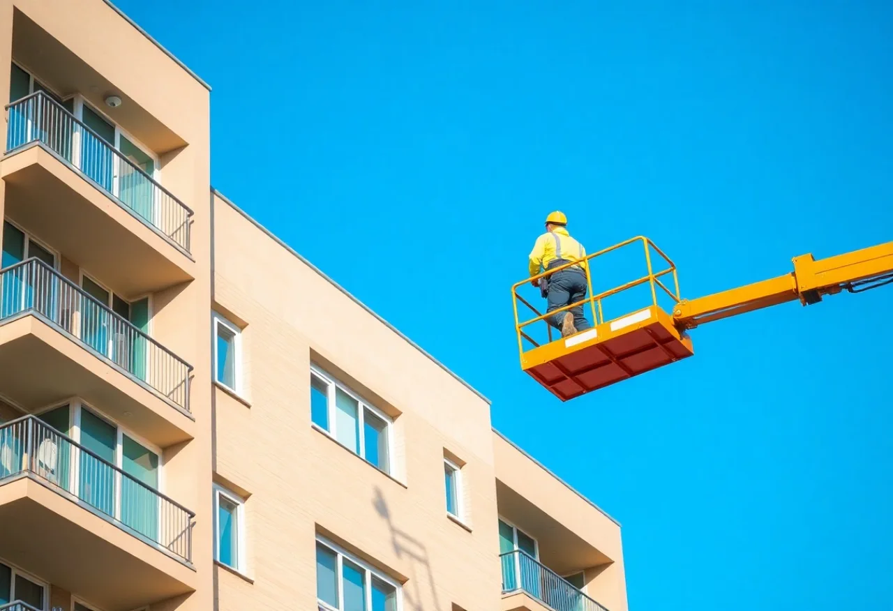 Maintenance technicians servicing a building facade