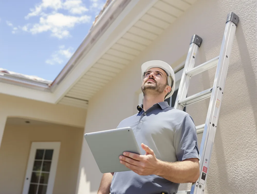 Property adjuster in a hard hat inspecting a roofline with a tablet