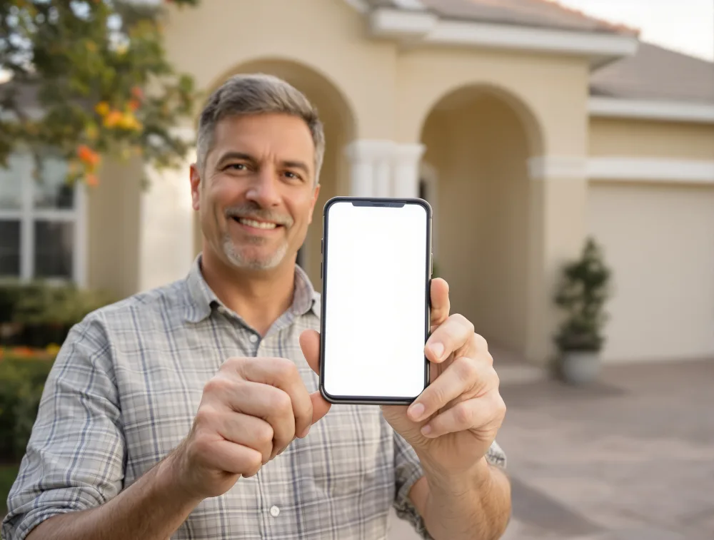 Homeowner smiling while holding a phone in front of a house