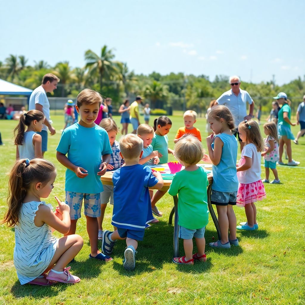 Children at a bright outdoor summer day camp on a sunny field