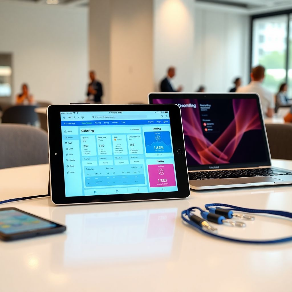Event planning desk with a tablet app dashboard, laptop and badges