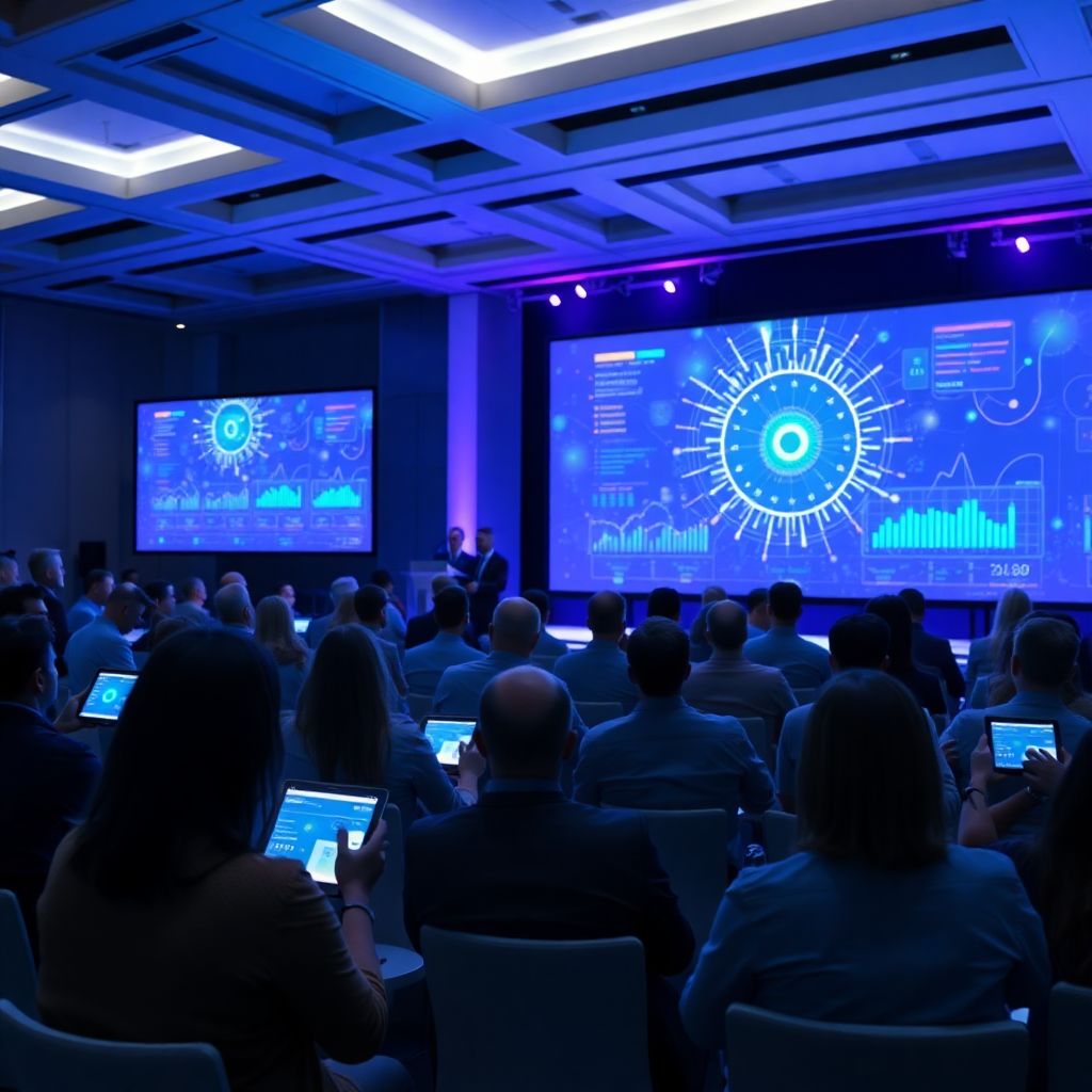 Conference attendees using tablets near large digital data screens