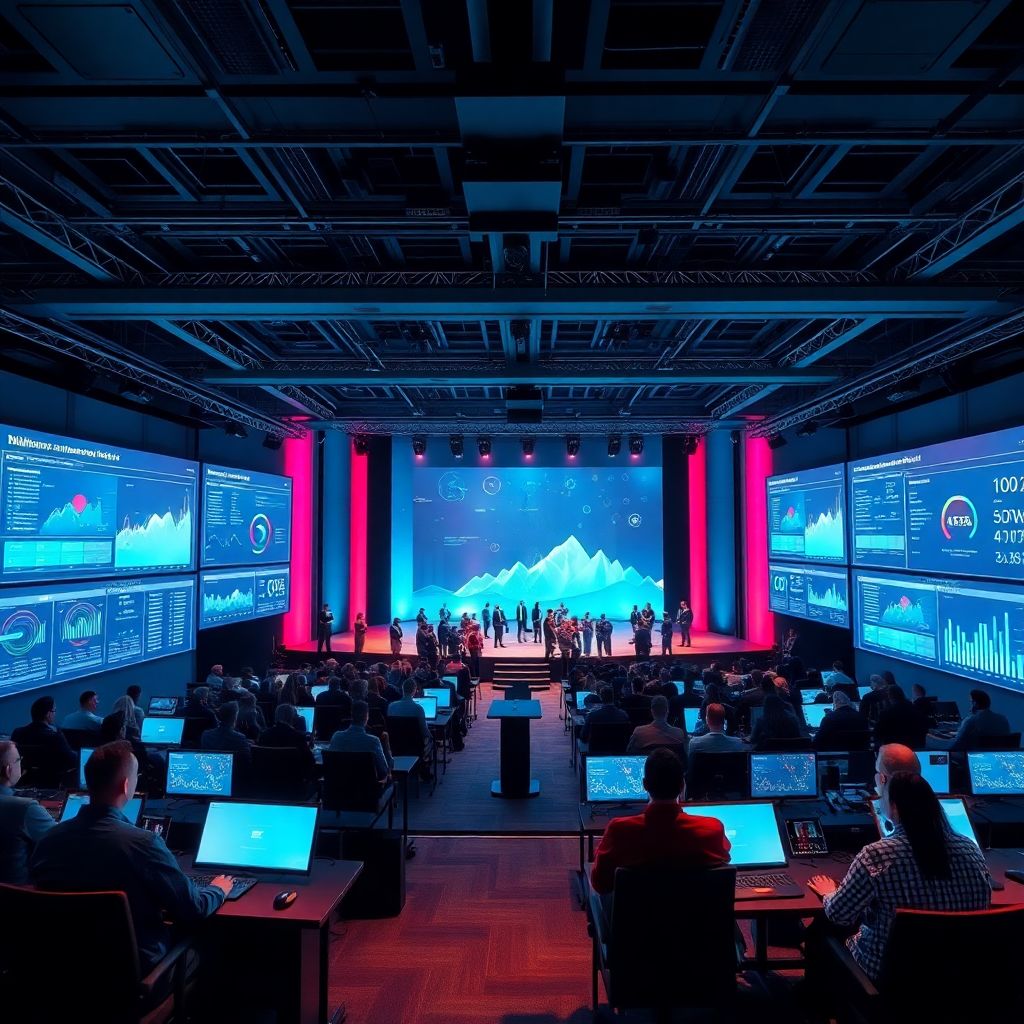 Modern event control room with LED stage and analytics dashboards