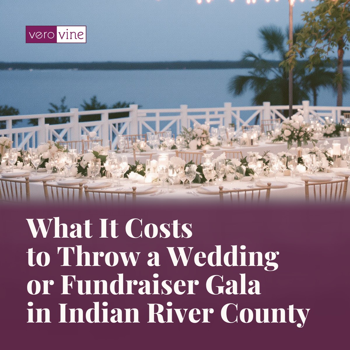 An elegant outdoor wedding reception table set at dusk near the Indian River Lagoon